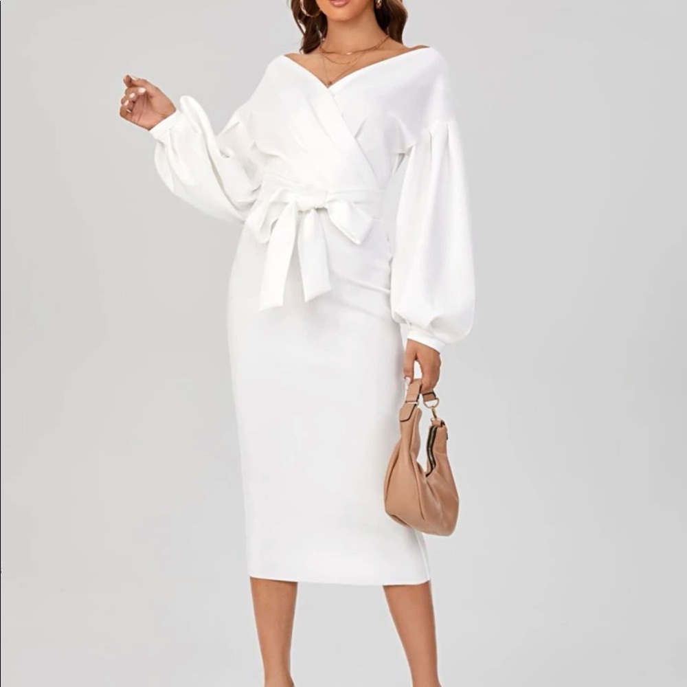 Off the Shoulder Sweater Wrap Midi Dress